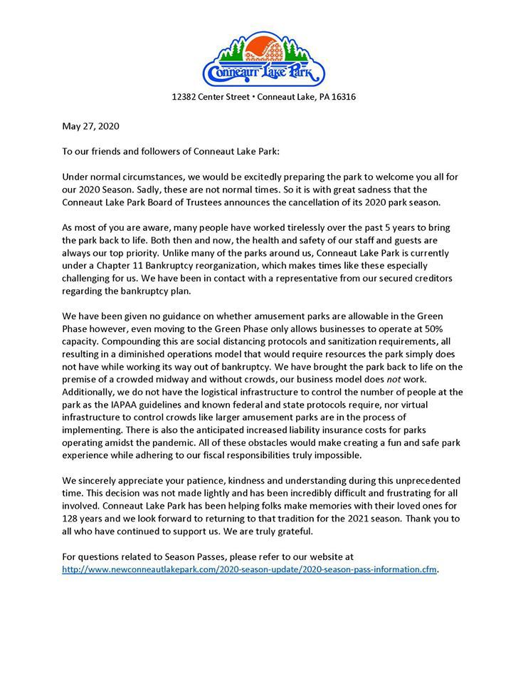 Conneaut Lake Park statement